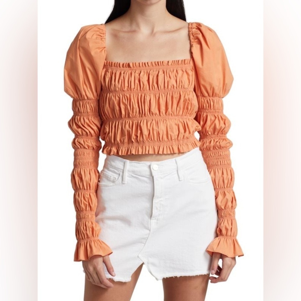 CAROLINE CONSTAS Delilah Smocked Crop Top in Salmon Size XS